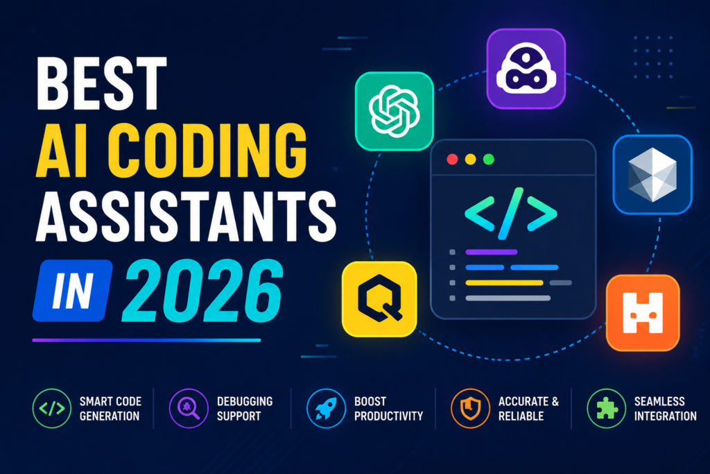 Best AI Coding Assistants in 2026 comparison graphic featuring AI coding tools, code generation interface, debugging automation, developer productivity, and software engineering technology.