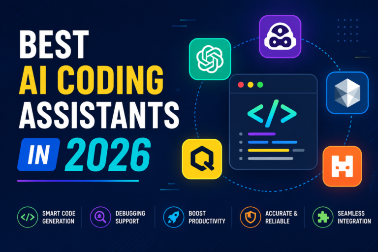 Best AI Coding Assistants in 2026 comparison graphic featuring AI coding tools, code generation interface, debugging automation, developer productivity, and software engineering technology.