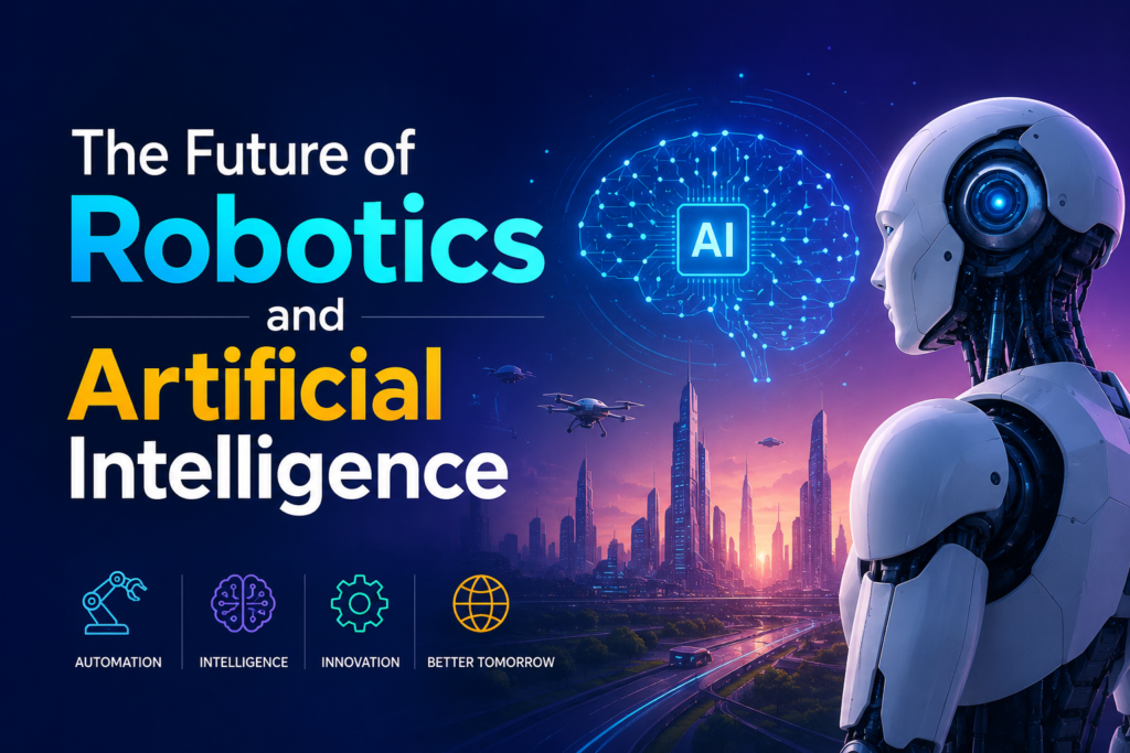 “Futuristic robotics and artificial intelligence concept showing glowing robotic systems, digital circuits, and AI-driven technology elements in a modern abstract landscape design.”