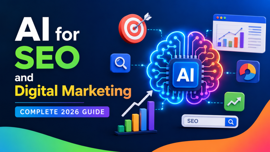 Colorful AI for SEO and Digital Marketing featured image showing an AI brain, SEO analytics charts, keyword research, audience targeting, content optimization, and digital marketing growth strategies for 2026.