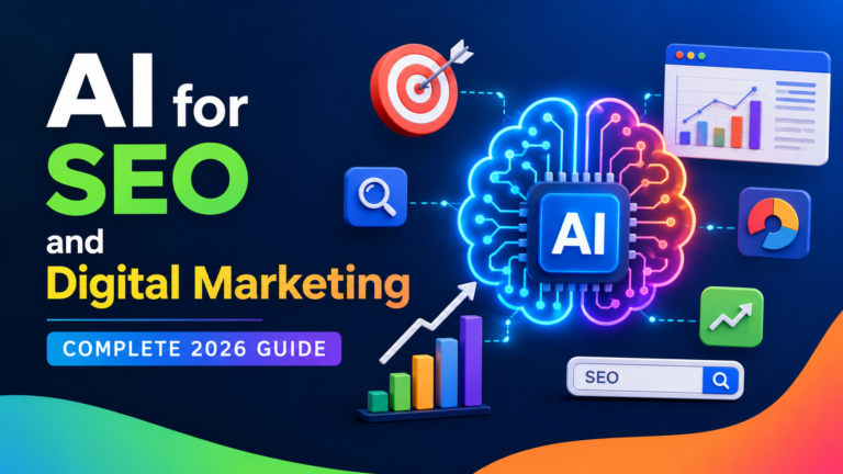 Colorful AI for SEO and Digital Marketing featured image showing an AI brain, SEO analytics charts, keyword research, audience targeting, content optimization, and digital marketing growth strategies for 2026.