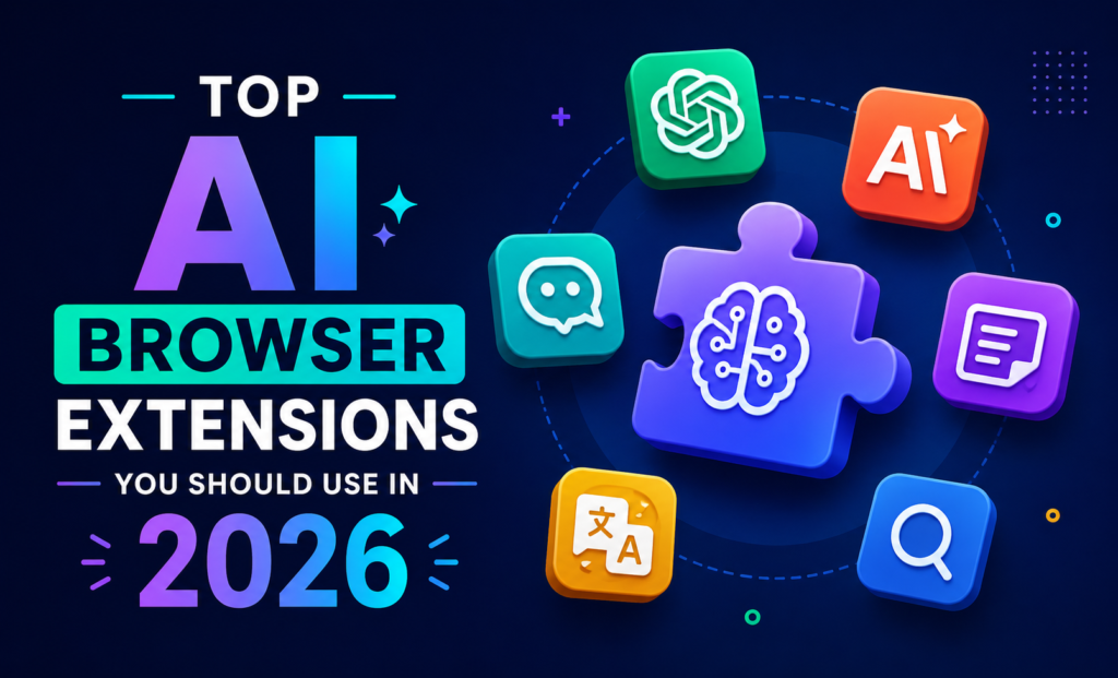 Colorful featured image showcasing top AI-powered browser extensions for 2026, with futuristic AI icons, browser extension symbols, search tools, translation features, and a modern digital technology background in vibrant blue, purple, orange, and green colors.