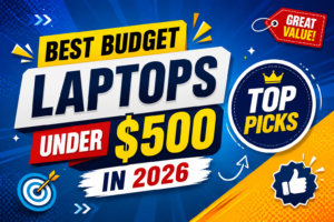 Colorful featured image for the best budget laptops under $500 in 2026, featuring bold typography, price tag graphics, abstract shapes, and modern design elements in a landscape layout.