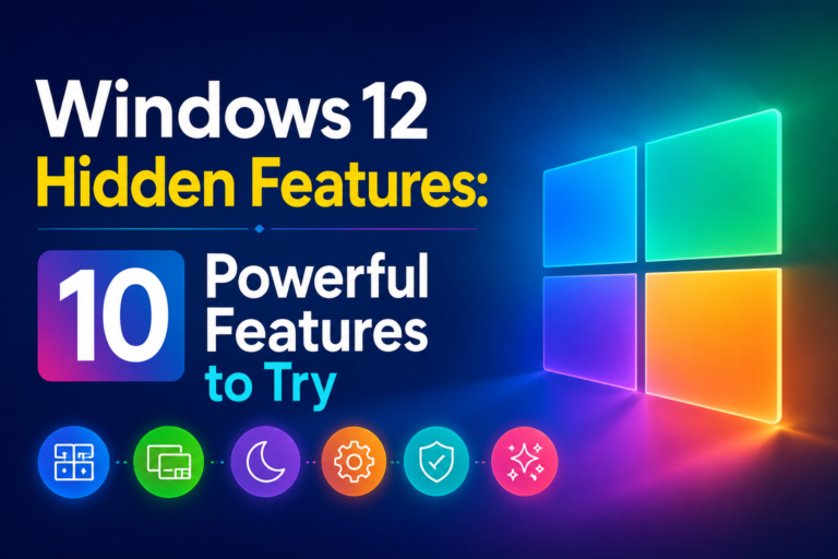 Windows 12 Hidden Features featured image with colorful Windows-inspired graphics, system icons, and modern design highlighting 10 powerful features to try.